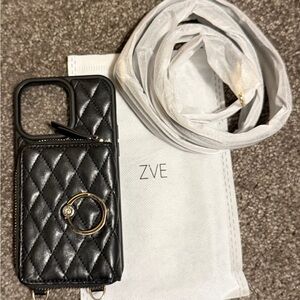 Black Quilted Phone Case with Gold Ring for iPhone 14 Pro Max 6.7”